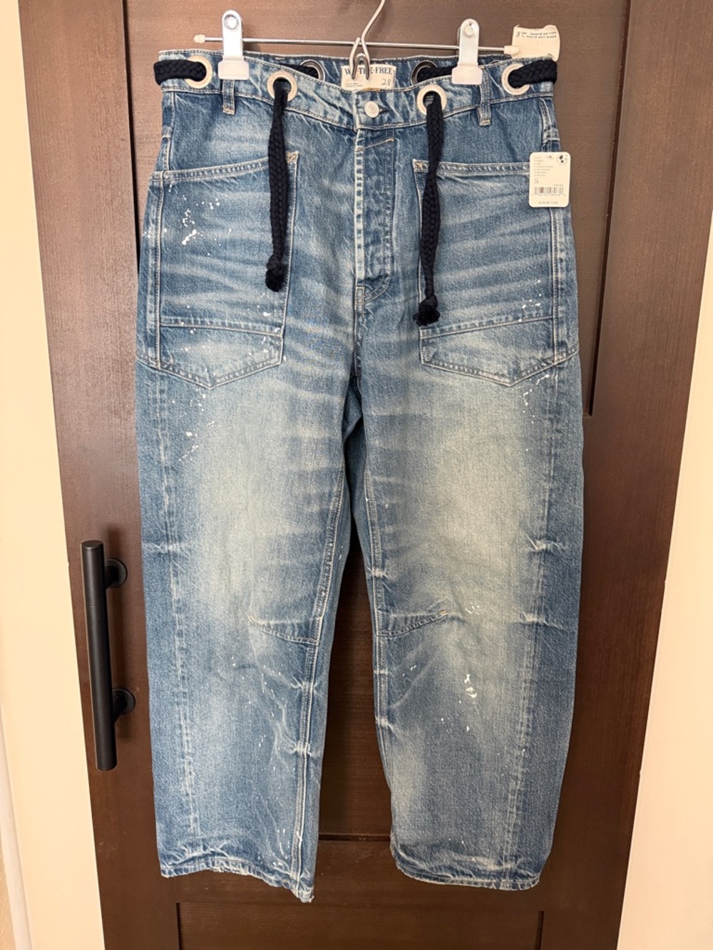 NWT We The Free Faded Blue Cropped Utility Jeans with Dark Rope Drawstring